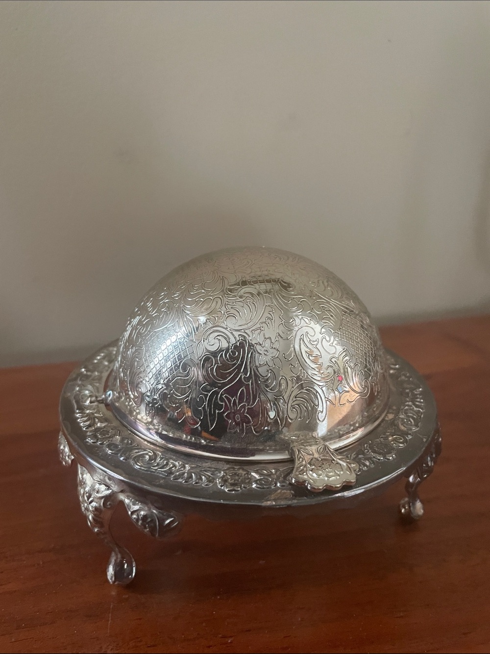 Vintage Queen Anne caviar butter dish roll top silver plated